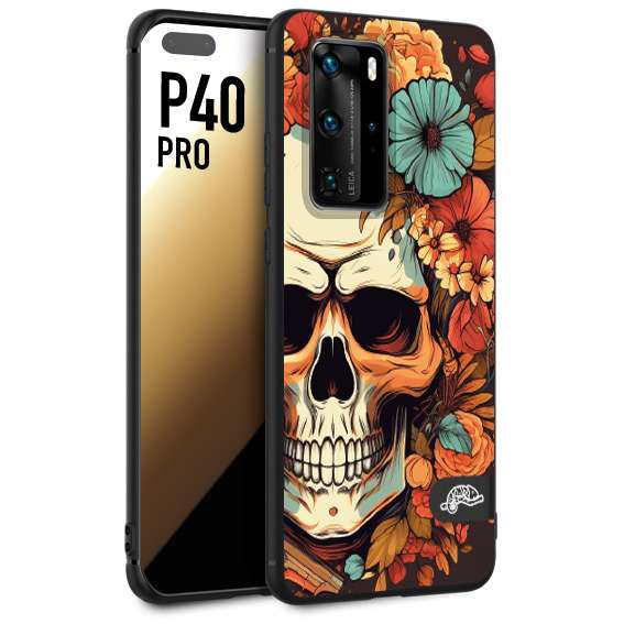 CUSTOMIZZA - Custodia cover nera morbida in tpu compatibile per Huawei P40 PRO teschio skull flowers fiori autunnali arancio celeste tattoo