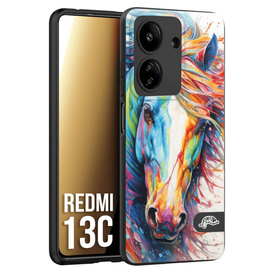 CUSTOMIZZA - Custodia cover nera morbida in tpu compatibile per Xiaomi Redmi 13C animali color cavallo horse viso colori vibranti disegnato schizzo