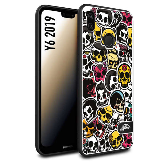 CUSTOMIZZA - Custodia cover nera morbida in tpu compatibile per Huawei Y6 2019 sticker bomb teschi colorati adesivi skulls skater snowboard