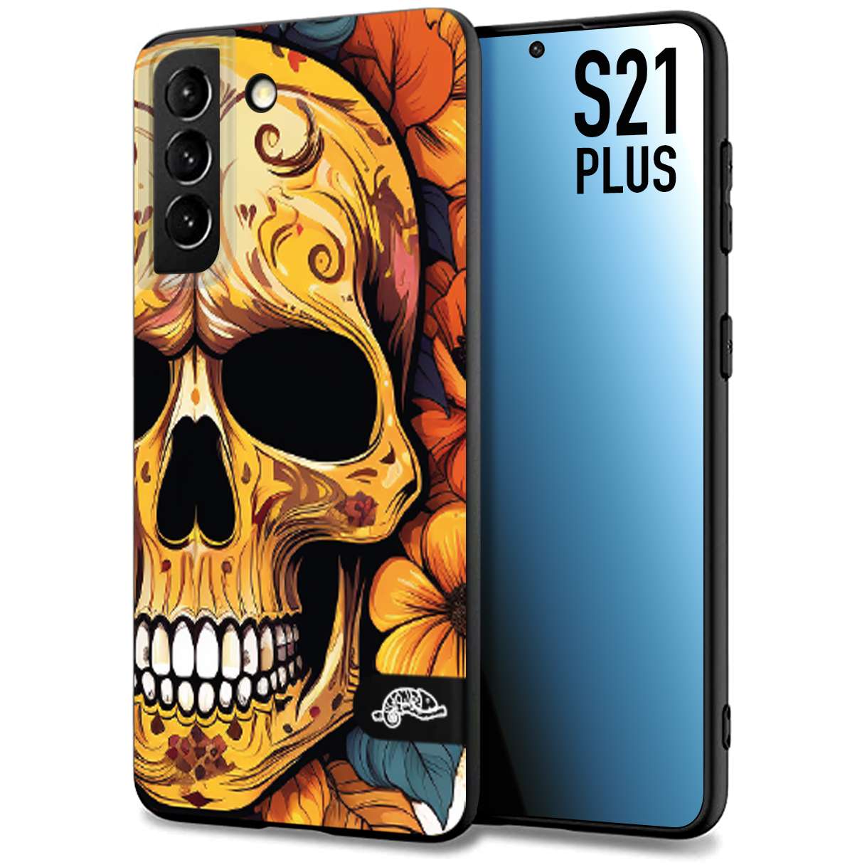 CUSTOMIZZA - Custodia cover nera morbida in tpu compatibile per Samsung S21 PLUS teschio messicano colorato dorato fiori autunnali disegnato