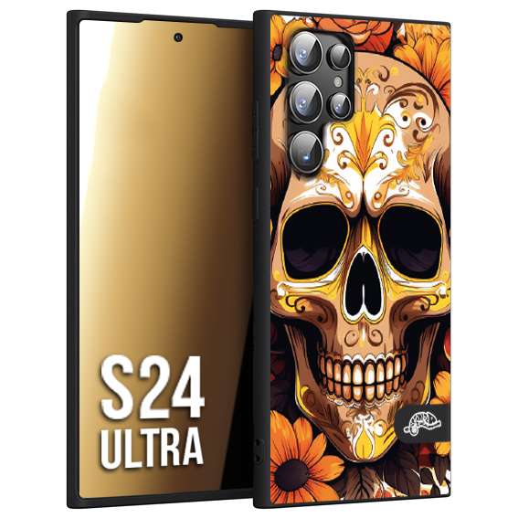 CUSTOMIZZA - Custodia cover nera morbida in tpu compatibile per Samsung S24 ULTRA teschio messicano colorato dorato fiori tattoo disegnato