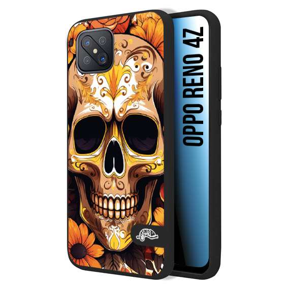 CUSTOMIZZA - Custodia cover nera morbida in tpu compatibile per Oppo Reno 4Z teschio messicano colorato dorato fiori tattoo disegnato