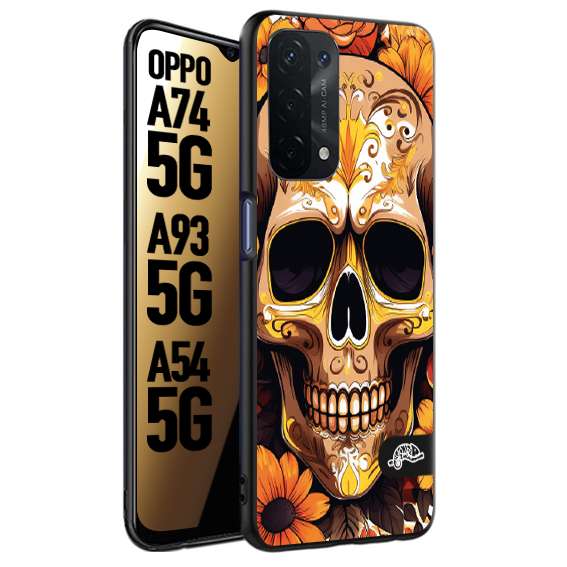 CUSTOMIZZA - Custodia cover nera morbida in tpu compatibile per Oppo A74 5G - A93 5G - A54 5G teschio messicano colorato dorato fiori tattoo disegnato