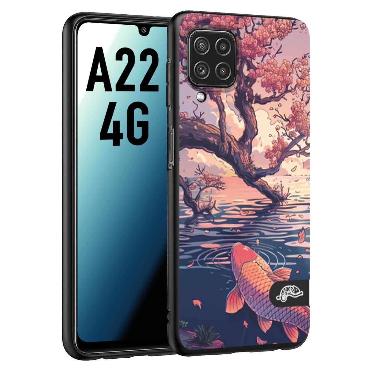 CUSTOMIZZA - Custodia cover nera morbida in tpu compatibile per Samsung A22 4G giapponese lago carpa koi rosa con foglie d'acero disegnata tattoo