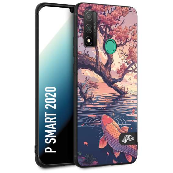 CUSTOMIZZA - Custodia cover nera morbida in tpu compatibile per Huawei P Smart 2020 giapponese lago carpa koi rosa con foglie d'acero disegnata tattoo