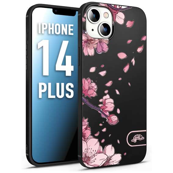 CUSTOMIZZA - Custodia cover nera morbida in tpu compatibile per iPhone 14 PLUS giapponese fiori di ciliegio in fiore a rilievo disegnata tattoo