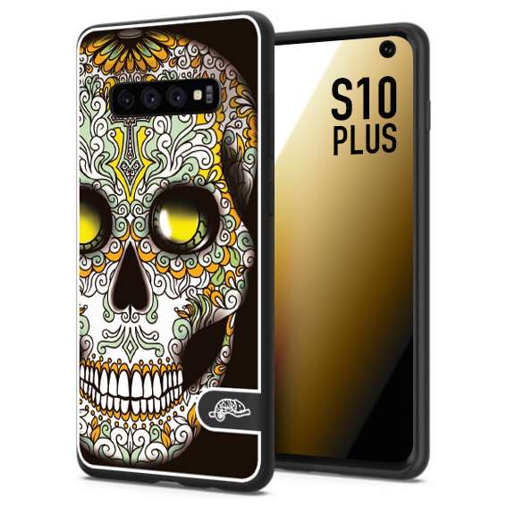 CUSTOMIZZA - Custodia cover nera morbida in tpu compatibile per Samsung S10 PLUS teschio messicano Mexican skull bianco verde giallo