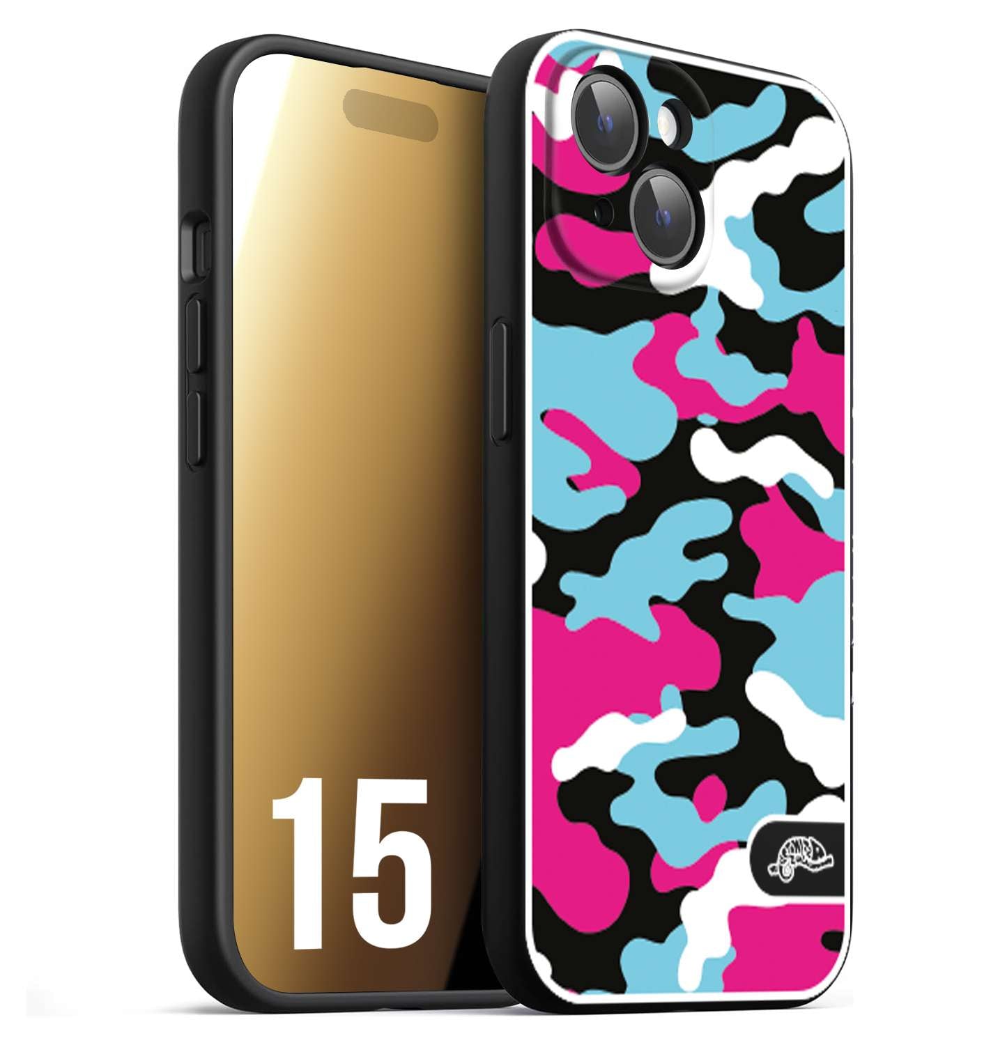 CUSTOMIZZA - Custodia cover nera morbida in tpu compatibile per iPhone 15 camouflage mimetico militare fucsia celeste