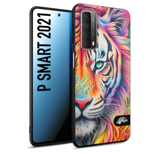 CUSTOMIZZA - Custodia cover nera morbida in tpu compatibile per Huawei P Smart 2021 animali color tigre tiger viso colori vibranti disegnato schizzo