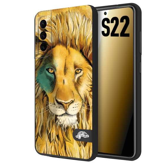 CUSTOMIZZA - Custodia cover nera morbida in tpu compatibile per Samsung S22 leone lion disegnato a mano giallo blu a rilievo artistico brown