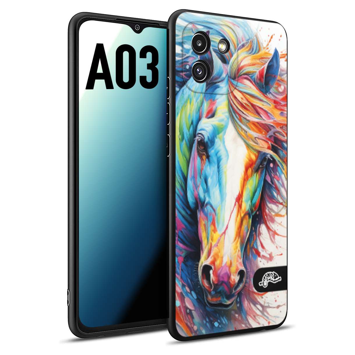 CUSTOMIZZA - Custodia cover nera morbida in tpu compatibile per Samsung A03 animali color cavallo horse viso colori vibranti disegnato schizzo