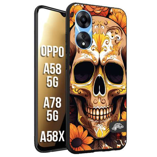 CUSTOMIZZA - Custodia cover nera morbida in tpu compatibile per Oppo A58 5G - A78 5G - A58X teschio messicano colorato dorato fiori tattoo disegnato