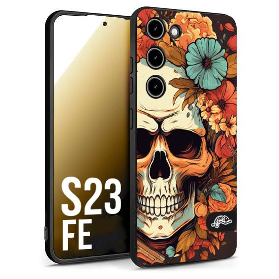 CUSTOMIZZA - Custodia cover nera morbida in tpu compatibile per Samsung S23 FE teschio skull flowers fiori autunnali arancio celeste tattoo