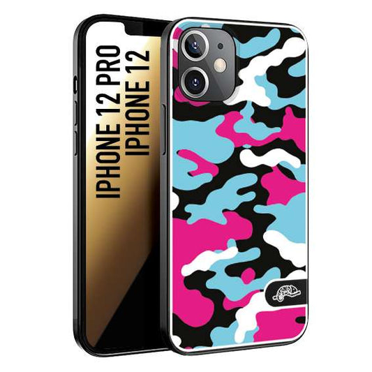 CUSTOMIZZA - Custodia cover nera morbida in tpu compatibile per iPhone 12 - 12 PRO camouflage mimetico militare fucsia celeste