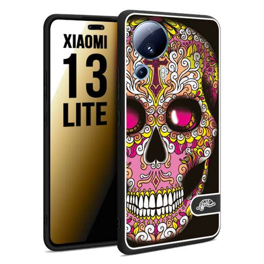 CUSTOMIZZA - Custodia cover nera morbida in tpu compatibile per Xiaomi 13 LITE teschio messicano Mexican skull rosa gialla