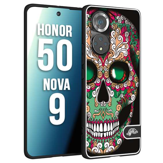 CUSTOMIZZA - Custodia cover nera morbida in tpu compatibile per Huawei Nova 9 - Honor 50 teschio messicano Mexican skull verde fucsia