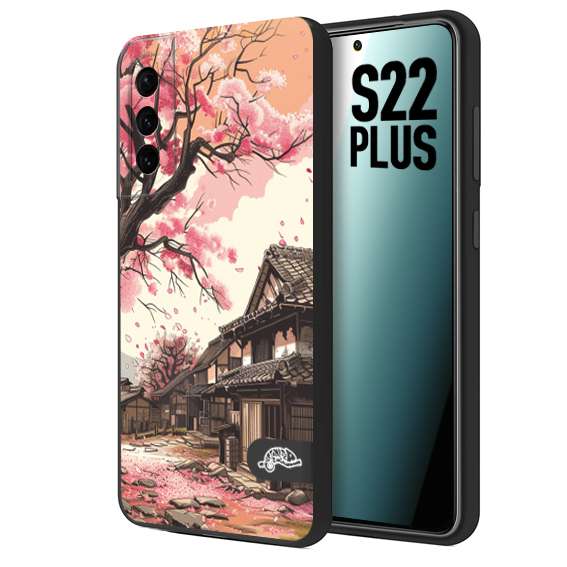 CUSTOMIZZA - Custodia cover nera morbida in tpu compatibile per Samsung S22 PLUS casa giapponese rosa ciliegio in fiore disegnata tattoo