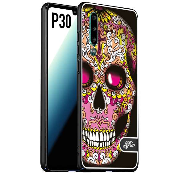 CUSTOMIZZA - Custodia cover nera morbida in tpu compatibile per Huawei P30 teschio messicano Mexican skull rosa gialla