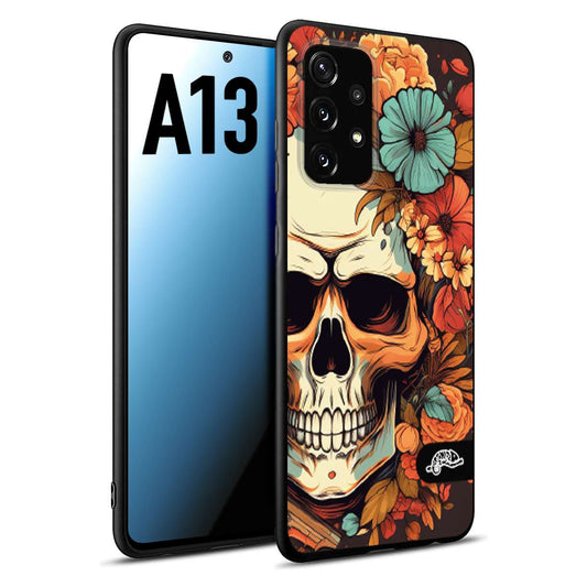 CUSTOMIZZA - Custodia cover nera morbida in tpu compatibile per Samsung A13 teschio skull flowers fiori autunnali arancio celeste tattoo