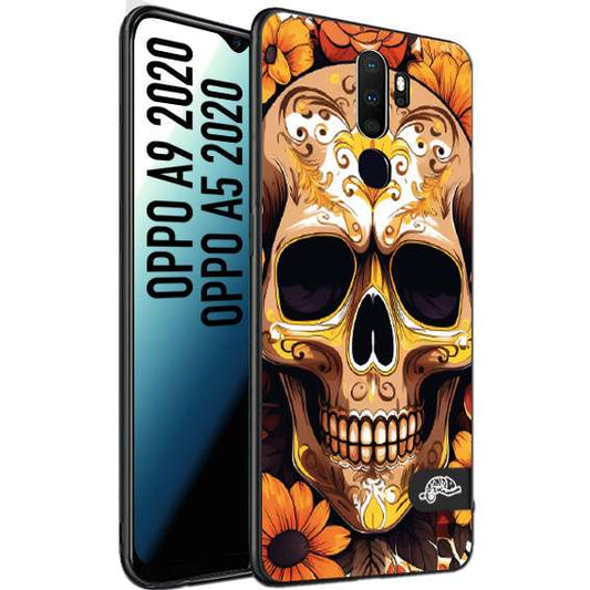 CUSTOMIZZA - Custodia cover nera morbida in tpu compatibile per Oppo A9 2020 - A5 2020 teschio messicano colorato dorato fiori tattoo disegnato