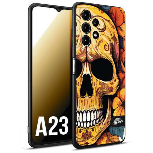 CUSTOMIZZA - Custodia cover nera morbida in tpu compatibile per Samsung A23 teschio messicano colorato dorato fiori autunnali disegnato