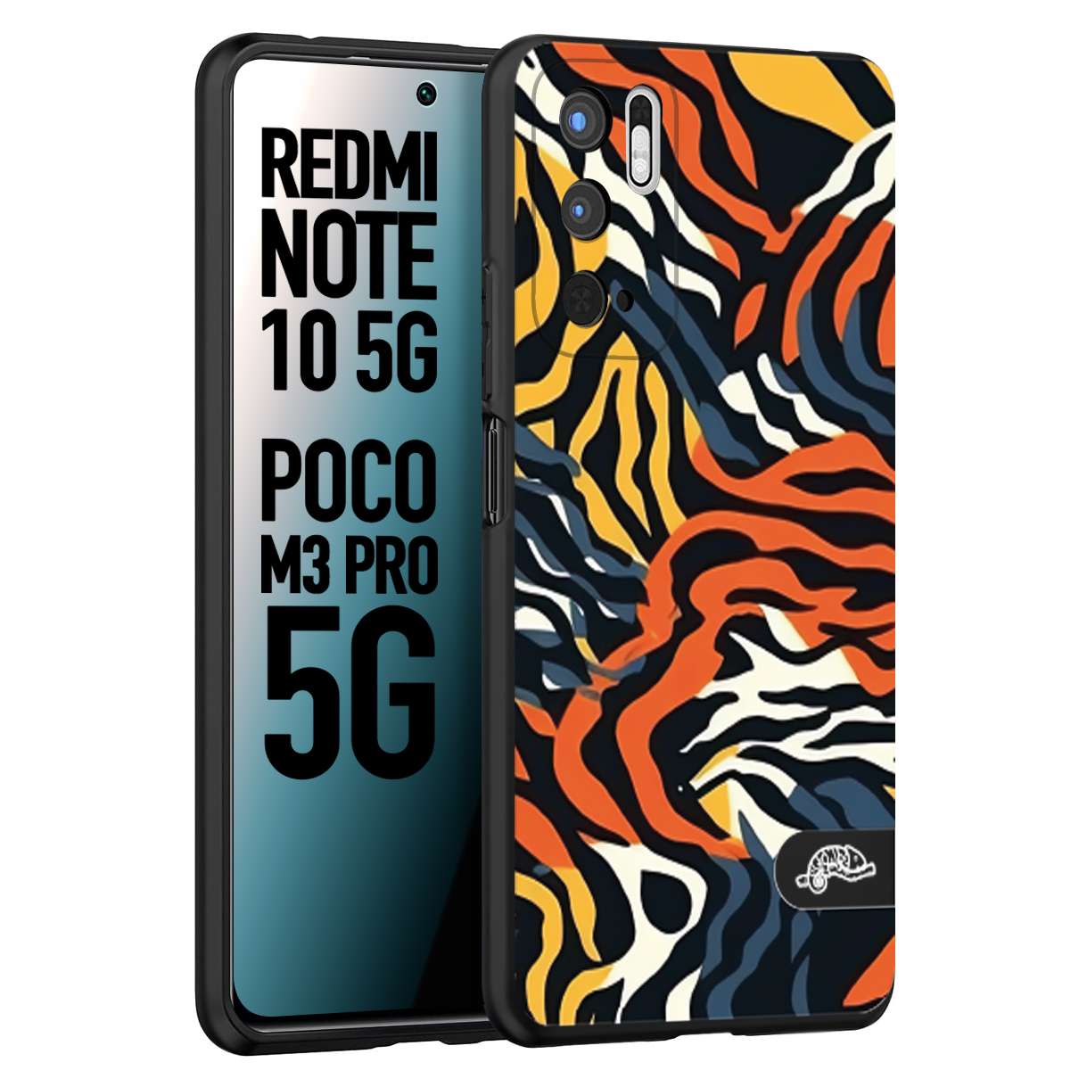 CUSTOMIZZA - Custodia cover nera morbida in tpu compatibile per Xiaomi Redmi Note 10 5G - Poco M3 Pro 5G leopardato maculato tigrato tiger colorata gialla blu arancio