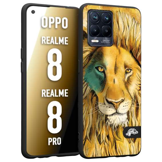 CUSTOMIZZA - Custodia cover nera morbida in tpu compatibile per Oppo Realme 8 - 8 PRO leone lion disegnato a mano giallo blu a rilievo artistico brown