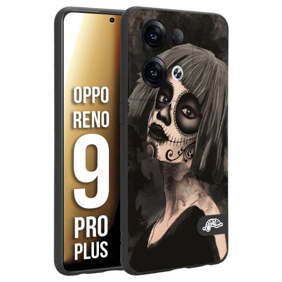 CUSTOMIZZA - Custodia cover nera morbida in tpu compatibile per Oppo Reno 9 PRO PLUS chicana messicana dea de la muerte donna santa tattoo disegnata