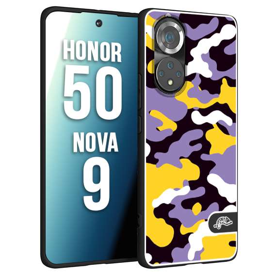 CUSTOMIZZA - Custodia cover nera morbida in tpu compatibile per Huawei Nova 9 - Honor 50 camouflage mimetico militare viola lilla giallo