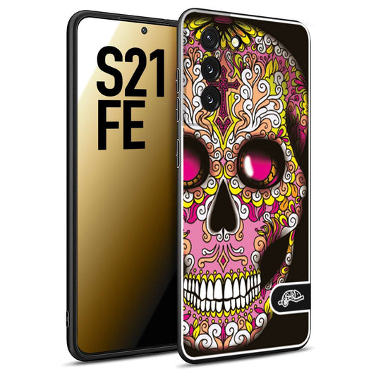 CUSTOMIZZA - Custodia cover nera morbida in tpu compatibile per Samsung S21 FE teschio messicano Mexican skull rosa gialla