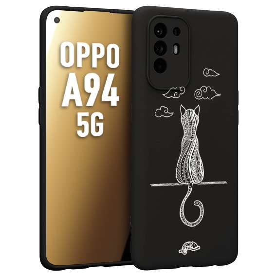 CUSTOMIZZA - Custodia cover nera morbida in tpu compatibile per Oppo A94 5G gatto mandala stilizzato gattino a rilievo soft touch donna bianca