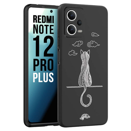 CUSTOMIZZA - Custodia cover nera morbida in tpu compatibile per Xiaomi Redmi Note 12 PRO PLUS gatto mandala stilizzato gattino a rilievo soft touch donna bianca