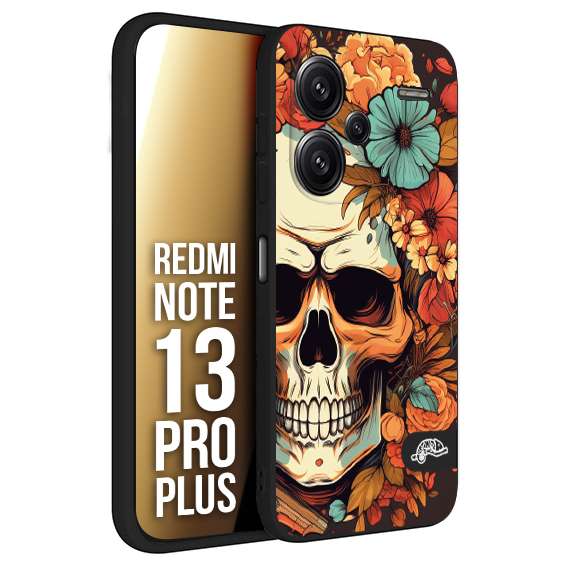 CUSTOMIZZA - Custodia cover nera morbida in tpu compatibile per Xiaomi Redmi Note 13 PRO PLUS teschio skull flowers fiori autunnali arancio celeste tattoo