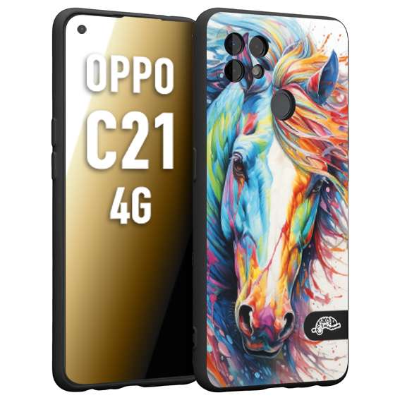 CUSTOMIZZA - Custodia cover nera morbida in tpu compatibile per Oppo Realme C21 4G animali color cavallo horse viso colori vibranti disegnato schizzo