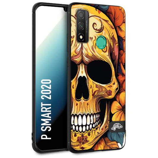 CUSTOMIZZA - Custodia cover nera morbida in tpu compatibile per Huawei P Smart 2020 teschio messicano colorato dorato fiori autunnali disegnato