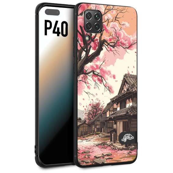 CUSTOMIZZA - Custodia cover nera morbida in tpu compatibile per Huawei P40 casa giapponese rosa ciliegio in fiore disegnata tattoo