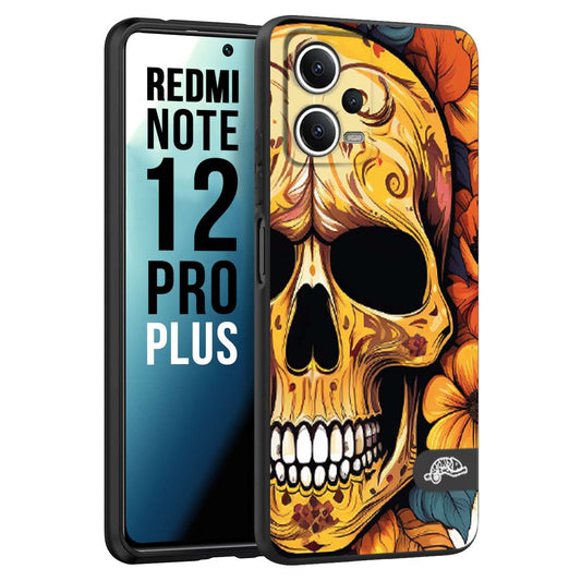 CUSTOMIZZA - Custodia cover nera morbida in tpu compatibile per Xiaomi Redmi Note 12 PRO PLUS teschio messicano colorato dorato fiori autunnali disegnato