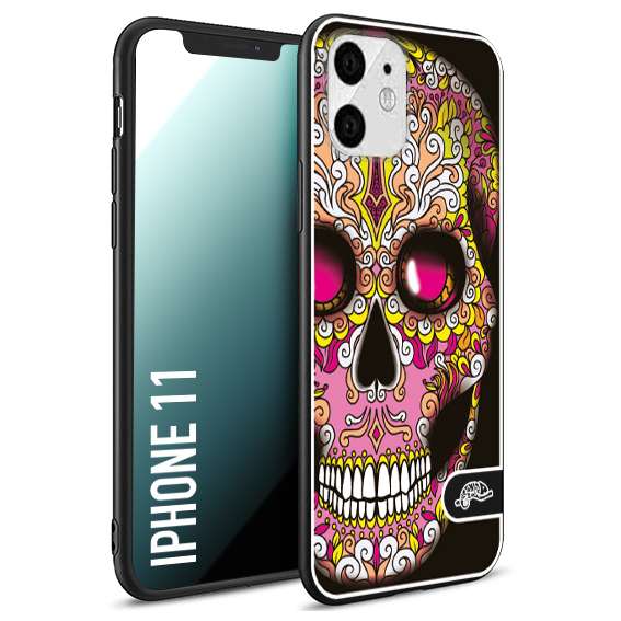 CUSTOMIZZA - Custodia cover nera morbida in tpu compatibile per iPhone 11 teschio messicano Mexican skull rosa gialla