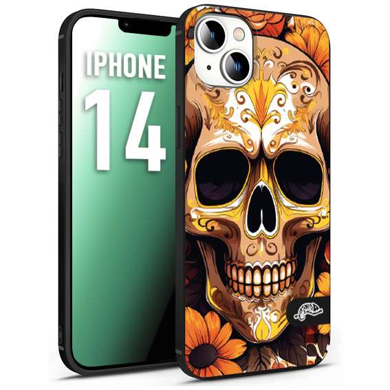 CUSTOMIZZA - Custodia cover nera morbida in tpu compatibile per iPhone 14 teschio messicano colorato dorato fiori tattoo disegnato