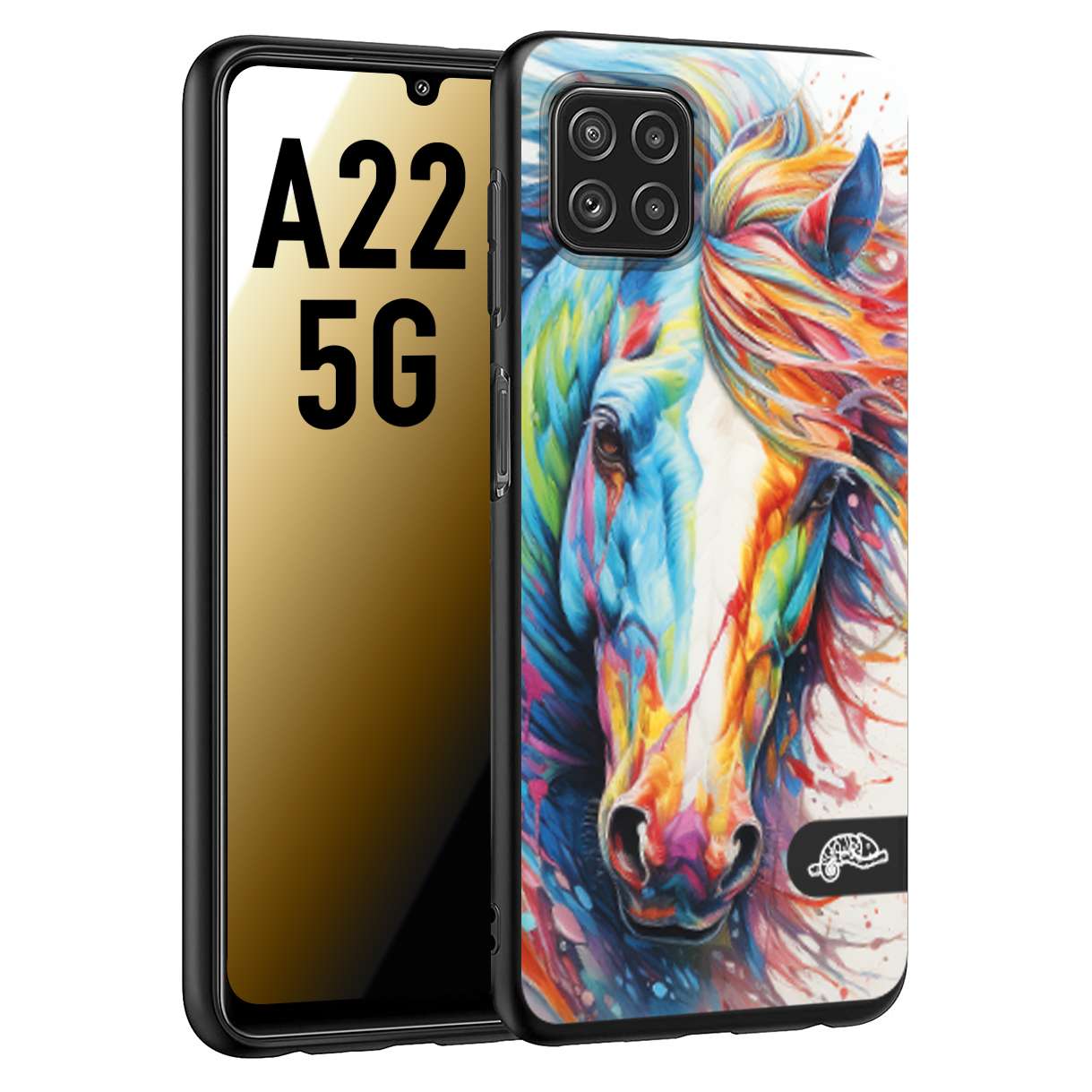 CUSTOMIZZA - Custodia cover nera morbida in tpu compatibile per Samsung A22 5G animali color cavallo horse viso colori vibranti disegnato schizzo