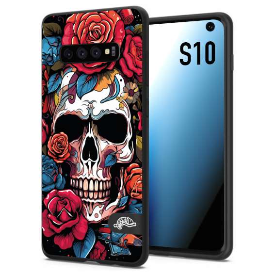 CUSTOMIZZA - Custodia cover nera morbida in tpu compatibile per Samsung S10 teschio skull flowers fiori rose rosse tattoo disegnato