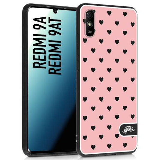 CUSTOMIZZA - Custodia cover nera morbida in tpu compatibile per Xiaomi Redmi 9A - 9AT cuori pois rosa donna pin up vintage