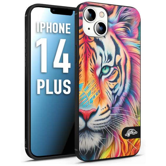 CUSTOMIZZA - Custodia cover nera morbida in tpu compatibile per iPhone 14 PLUS animali color tigre tiger viso colori vibranti disegnato schizzo