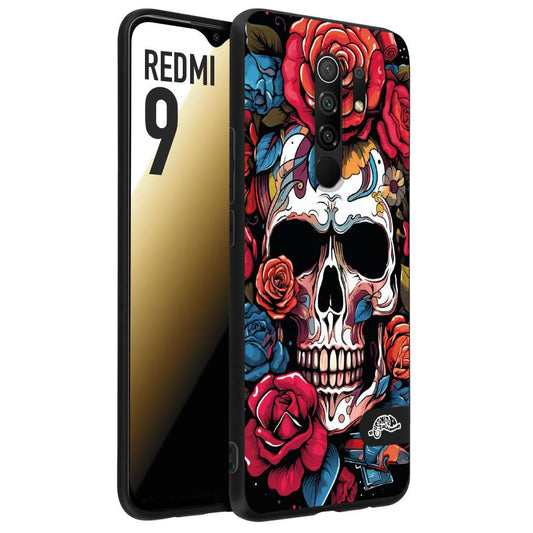 CUSTOMIZZA - Custodia cover nera morbida in tpu compatibile per Xiaomi Redmi 9 teschio skull flowers fiori rose rosse tattoo disegnato