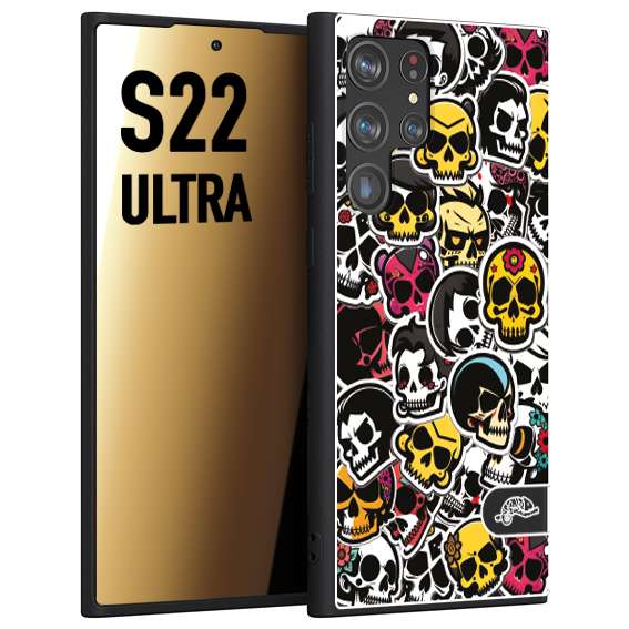 CUSTOMIZZA - Custodia cover nera morbida in tpu compatibile per Samsung S22 ULTRA sticker bomb teschi colorati adesivi skulls skater snowboard