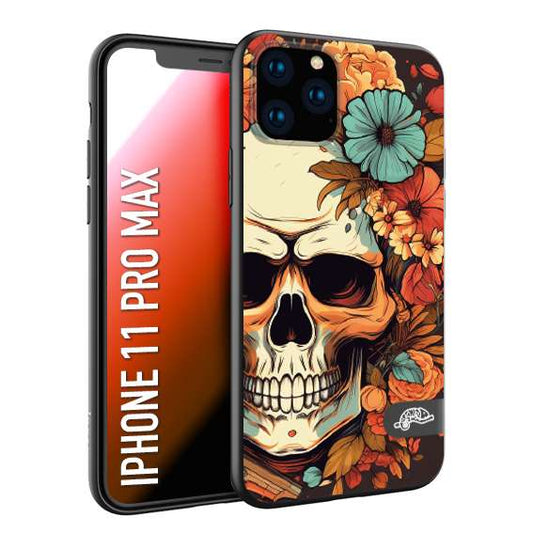 CUSTOMIZZA - Custodia cover nera morbida in tpu compatibile per iPhone 11 PRO MAX teschio skull flowers fiori autunnali arancio celeste tattoo