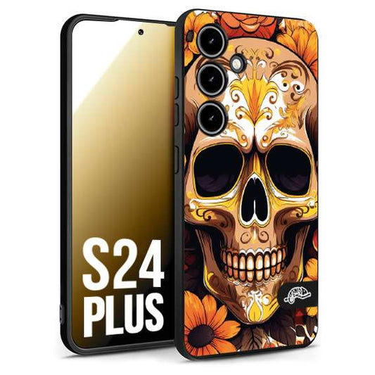 CUSTOMIZZA - Custodia cover nera morbida in tpu compatibile per Samsung S24 PLUS teschio messicano colorato dorato fiori tattoo disegnato