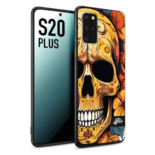 CUSTOMIZZA - Custodia cover nera morbida in tpu compatibile per Samsung S20 PLUS teschio messicano colorato dorato fiori autunnali disegnato