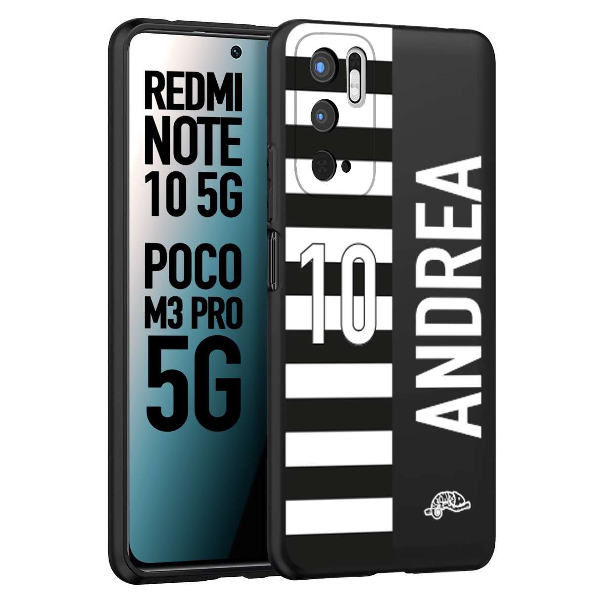 CUSTOMIZZA - Custodia cover nera morbida in tpu compatibile per Xiaomi Redmi Note 10 5G - Poco M3 Pro 5G personalizzata calcio football nome e numero calciatori bianconera