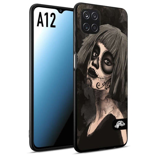 CUSTOMIZZA - Custodia cover nera morbida in tpu compatibile per Samsung A12 chicana messicana dea de la muerte donna santa tattoo disegnata